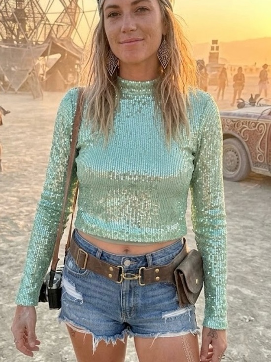 Mango Tops - MNG Mango Mint Green Sequin Mermaid Festival Crop Top Burning Man Party Y2K